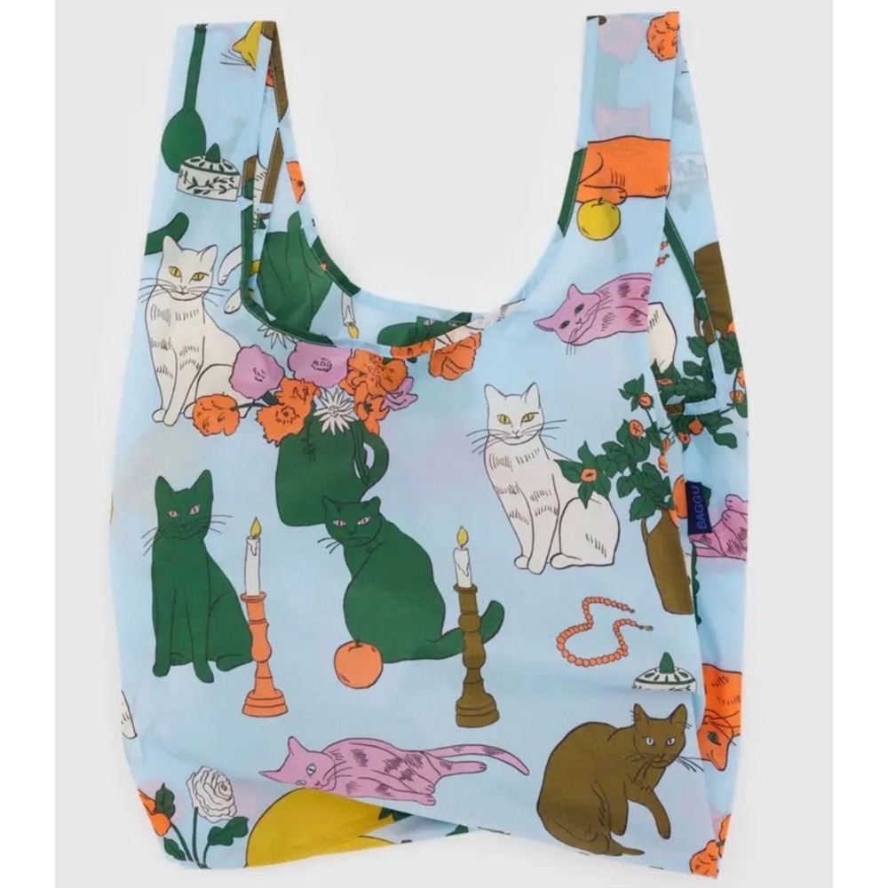 BAGGU Standard Reusable Bag Table Cats Light Blue Recycled Nylon Tote NWT - Picture 1 of 5